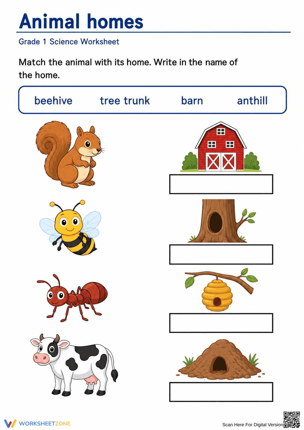 Grade 1 Animal Homes — Printable No-Prep Worksheet - Page 1