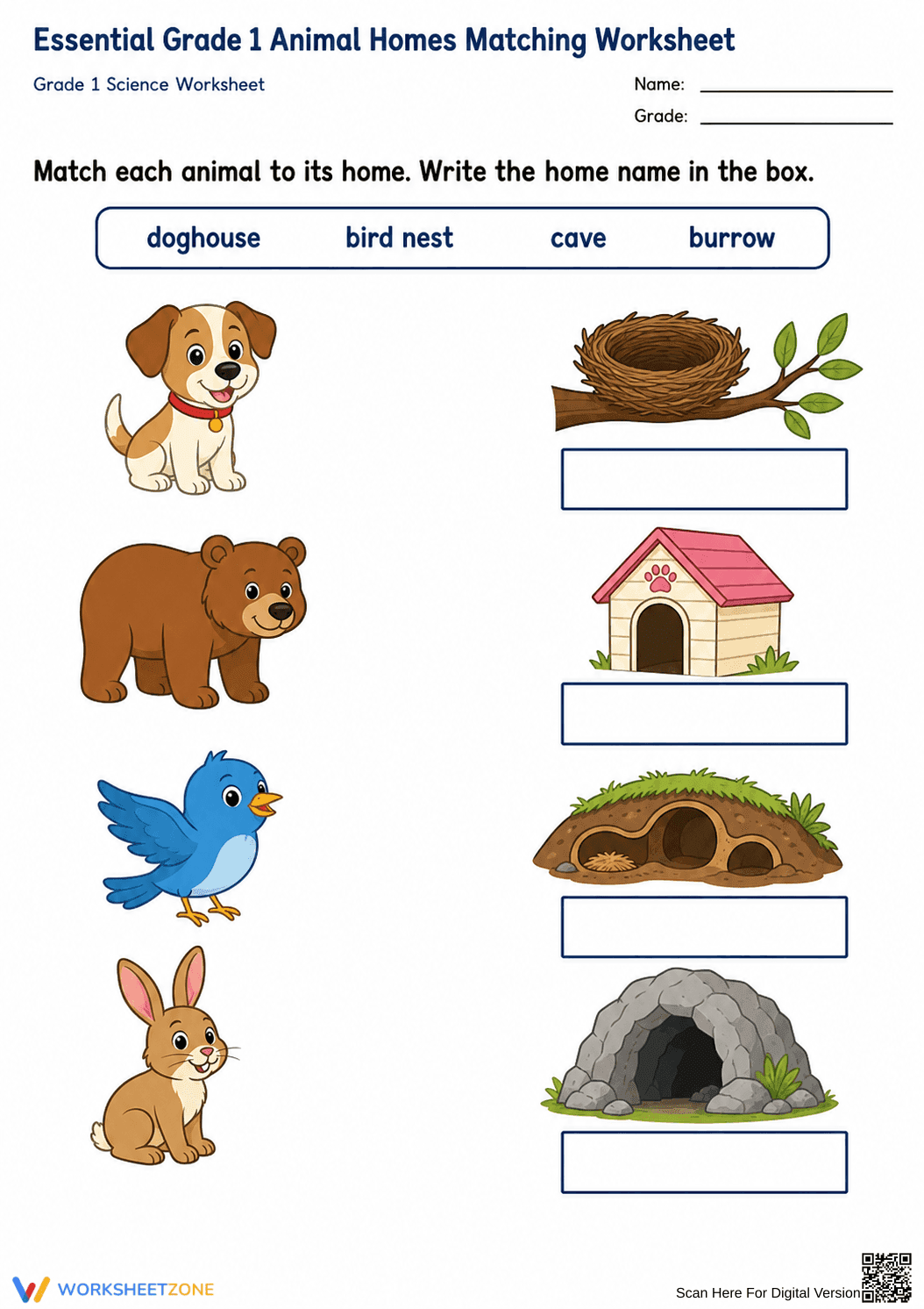 Essential Grade 1 Animal Homes Matching Worksheet - Page 1