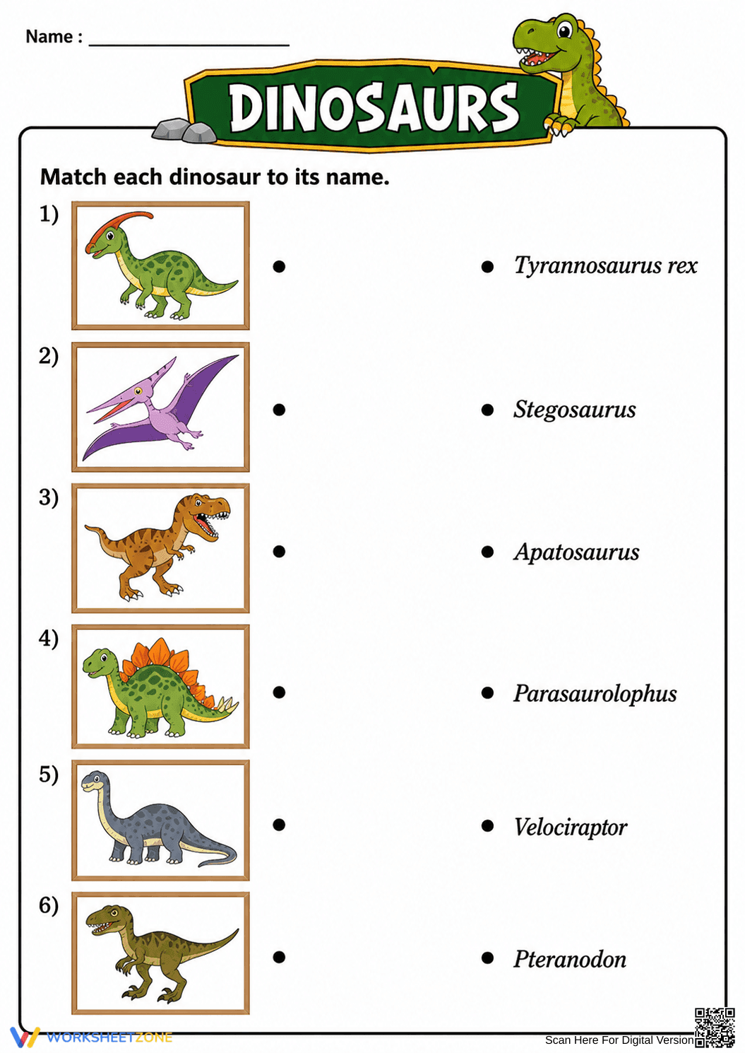 Grade K-1 Dinosaur Matching — Printable No-Prep Worksheet - Page 1