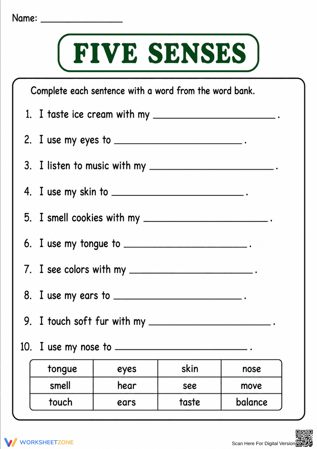 Grade 2 Five Senses — Printable No-Prep Worksheet - Page 1