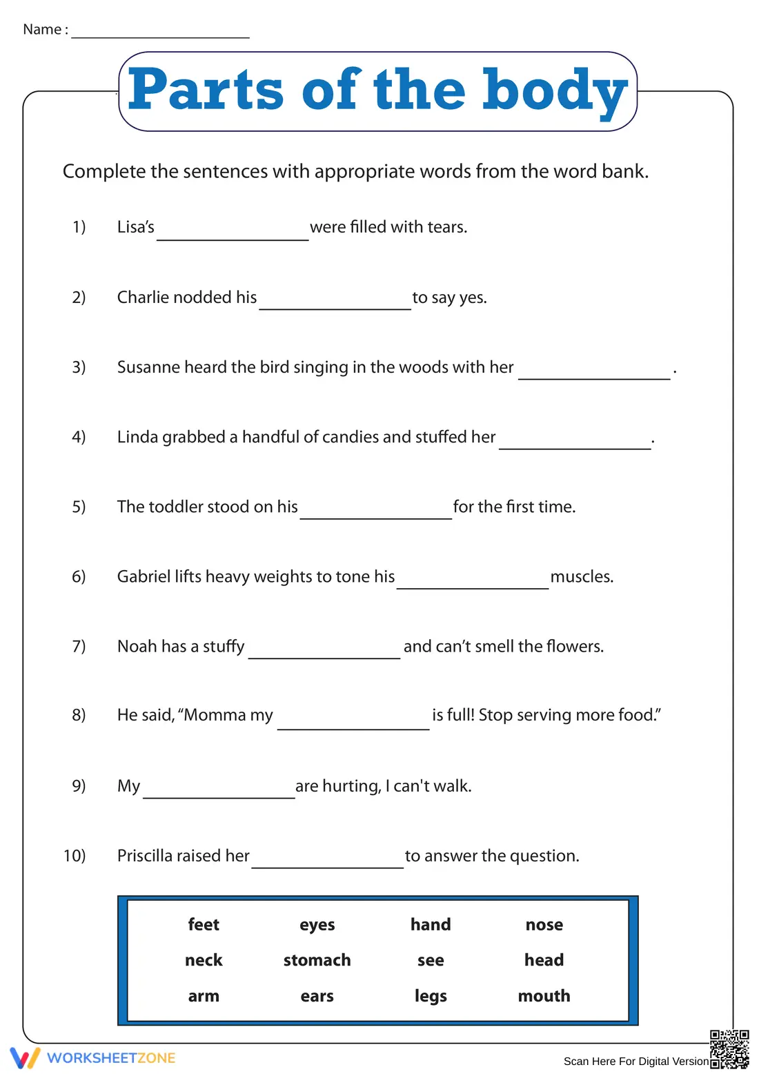 Essential Parts of the Body Worksheet | Grade 2 Science - Page 1