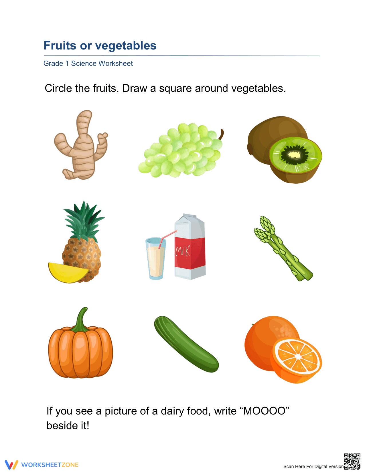 Grade 1 Fruits or Vegetables — Printable No-Prep Worksheet - Page 1