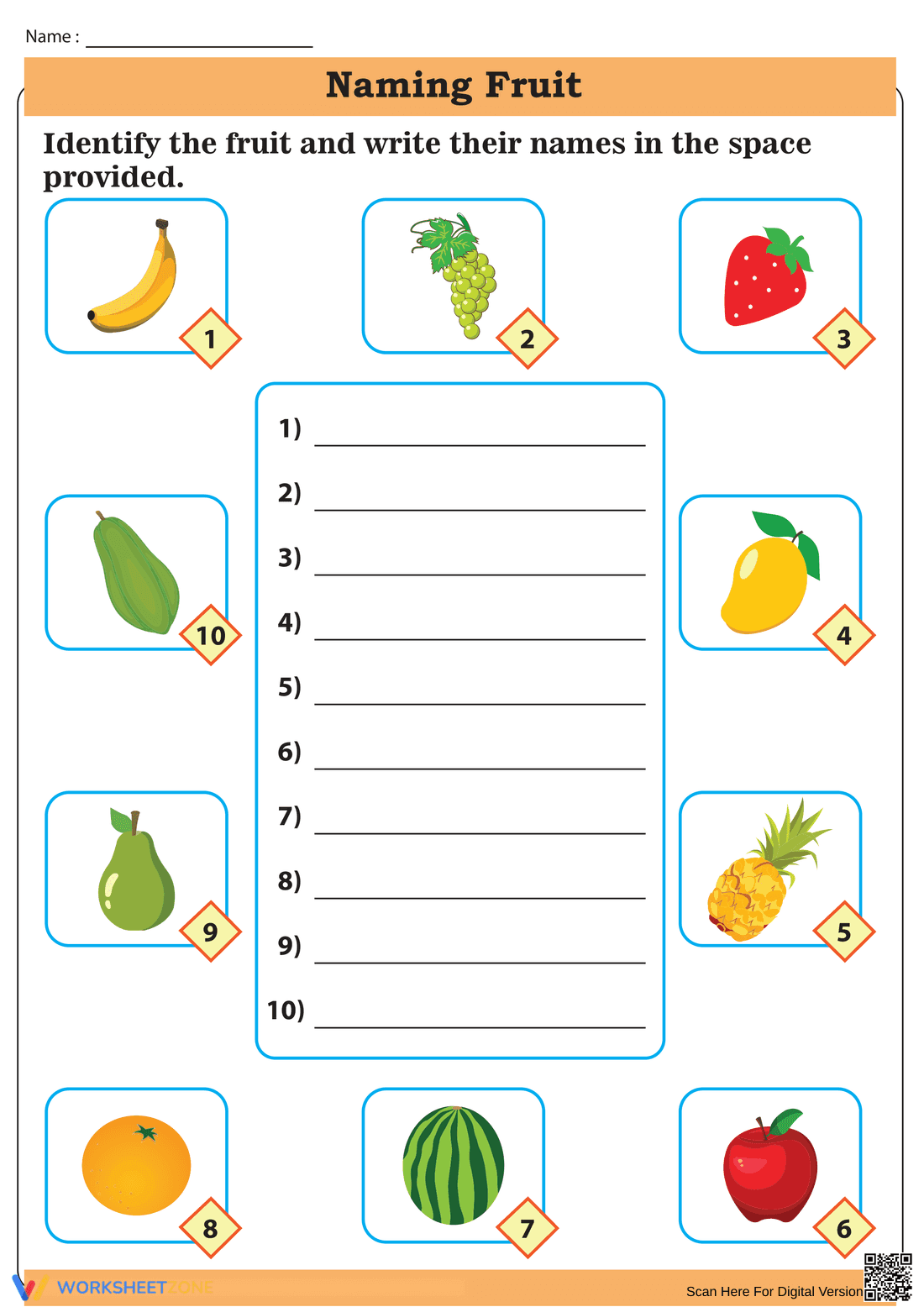 Essential Naming Fruit Worksheet | Grade 1 Printable - Page 1