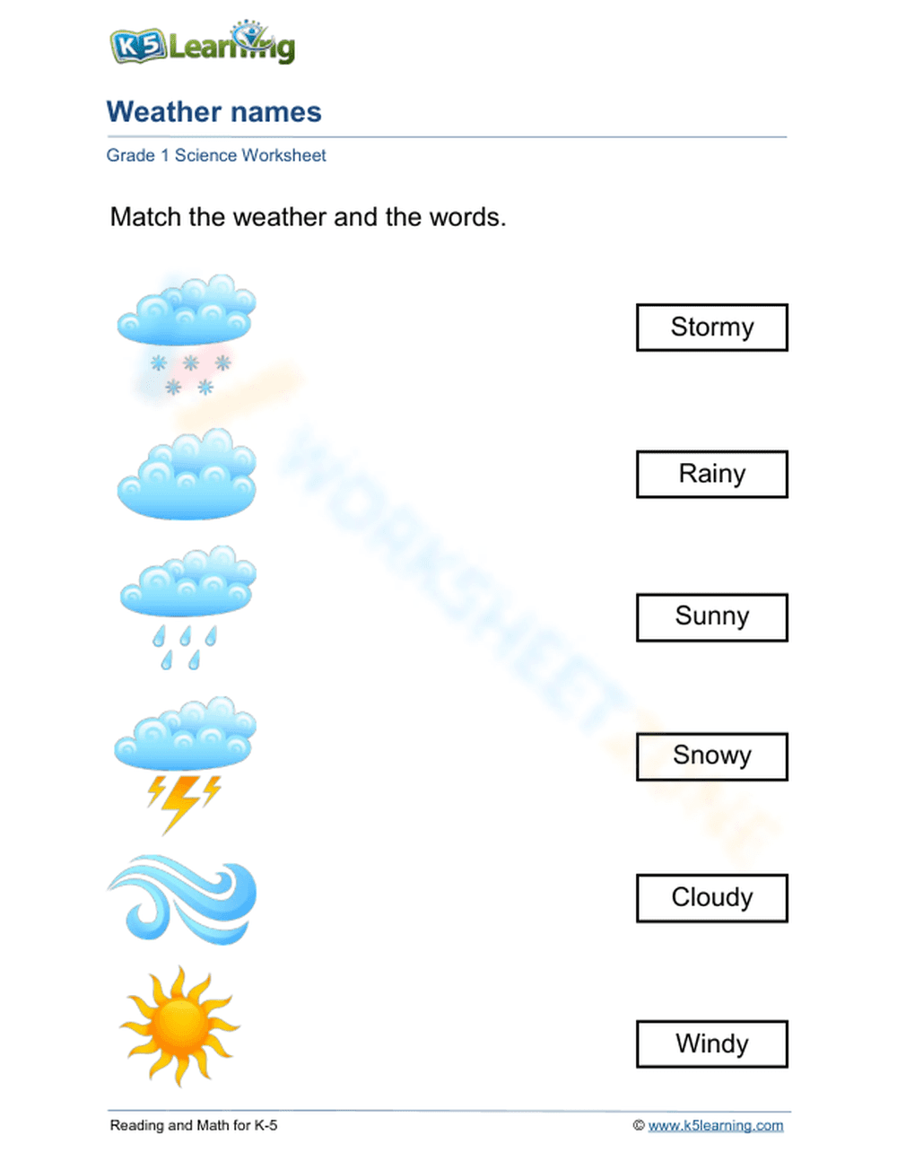 Essential Types of Weather Matching Worksheet | Grade 2 - Page 1