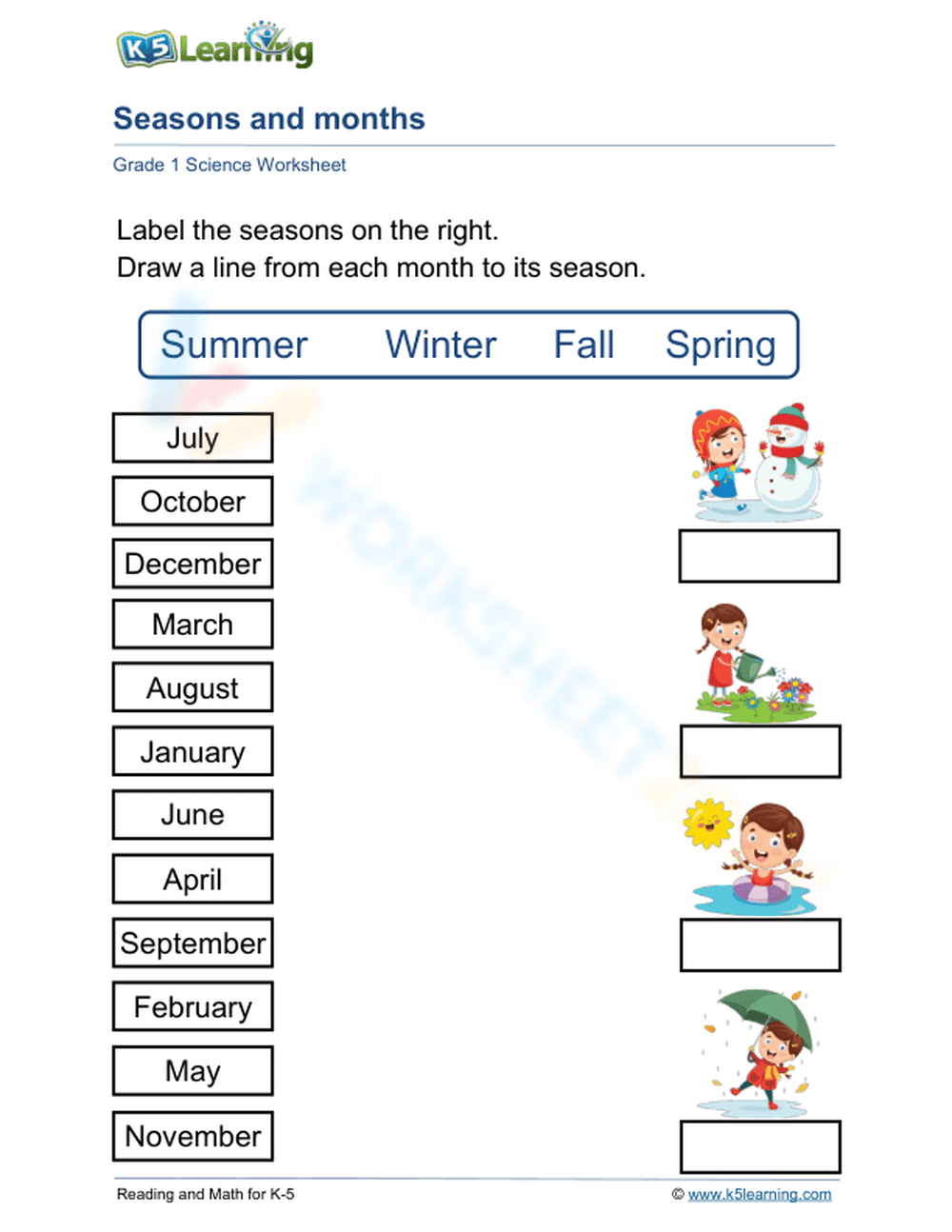 Grade 1 Seasons and Months — Printable No-Prep Worksheet - Page 1
