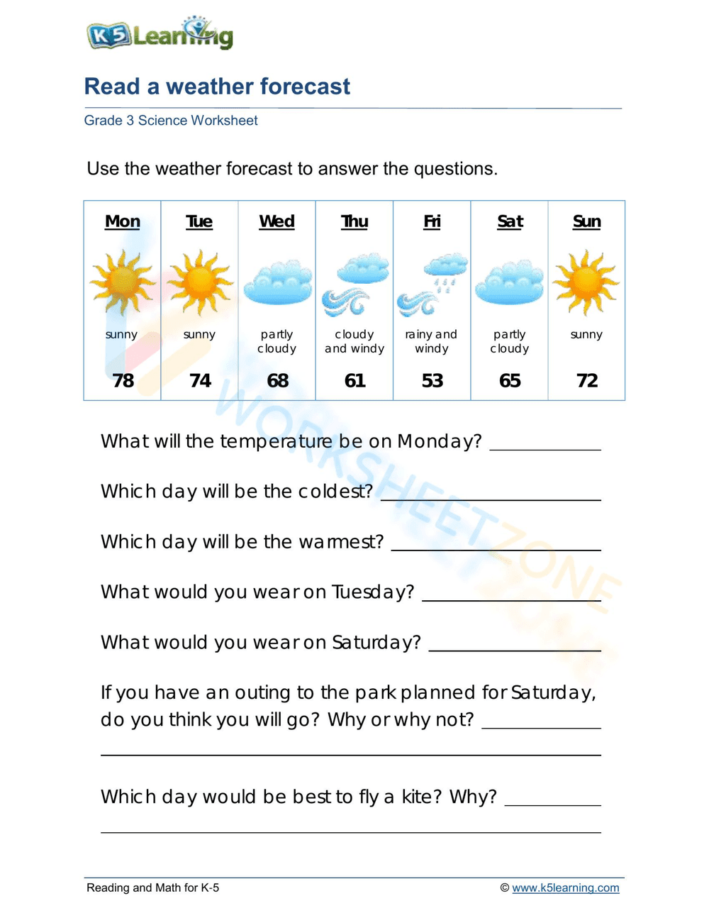 Essential Grade 3 Weather Forecast Reading Worksheet - Page 1