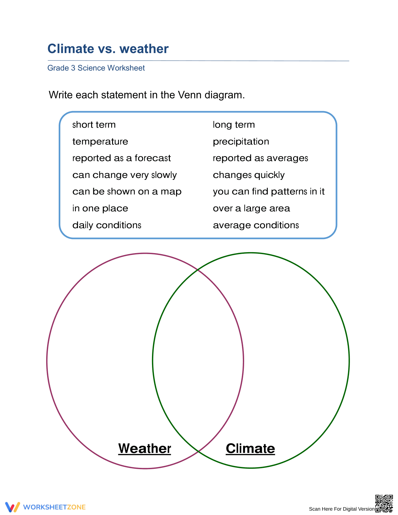 Grade 3 Climate vs. Weather — Essential No-Prep Worksheet - Page 1
