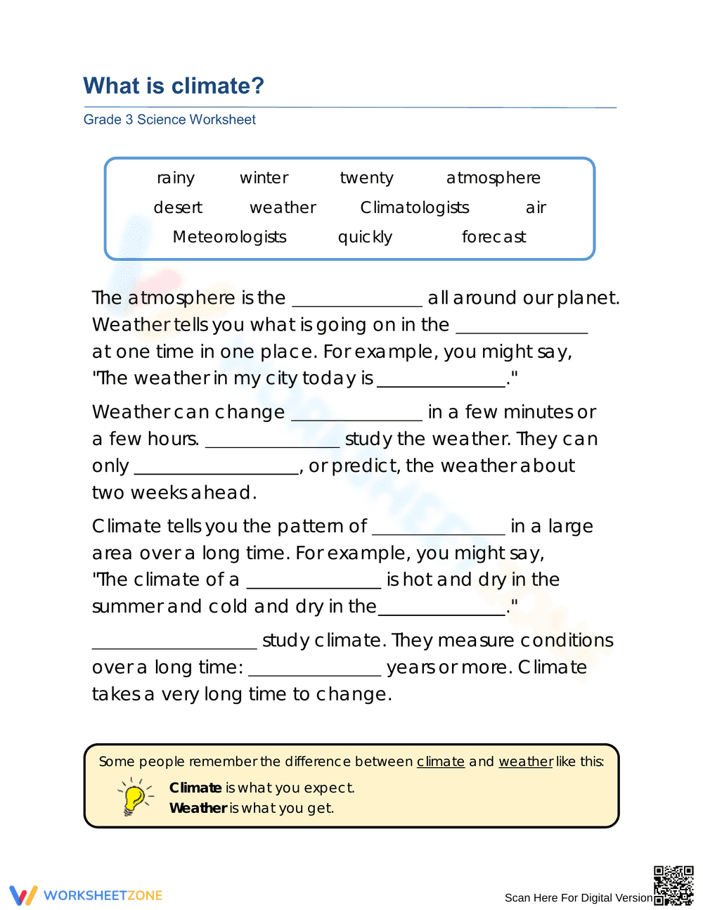Grade 3 What is Climate? — Printable No-Prep Worksheet - Page 1
