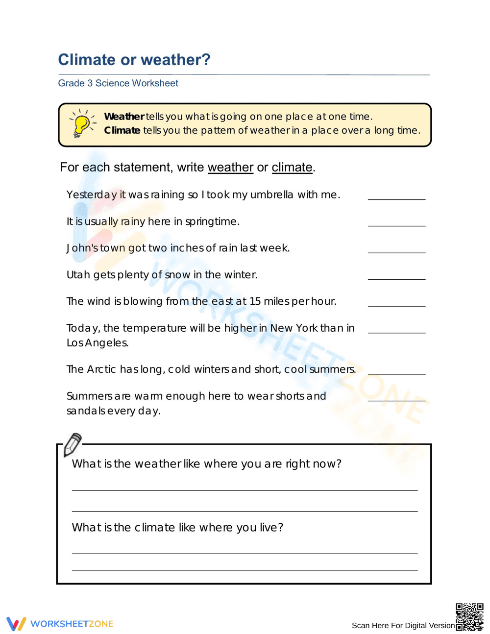 Printable Climate or Weather Worksheet | Grade 3 Science - Page 1
