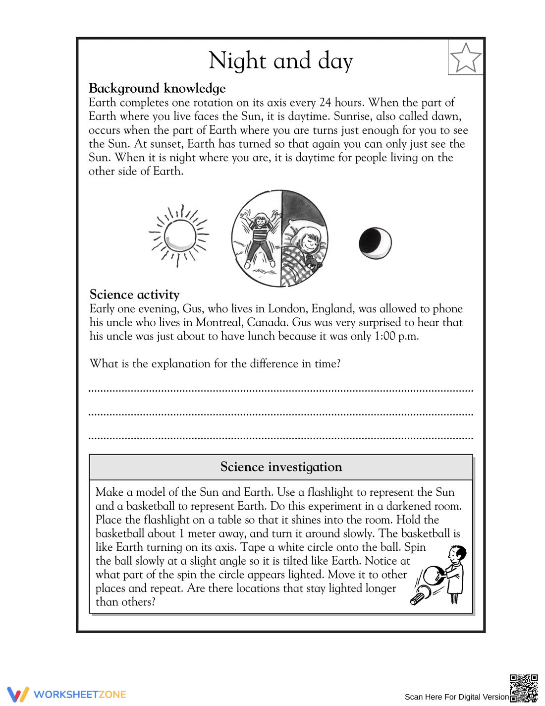 Grade 5 Earth Rotation — Printable No-Prep Worksheet - Page 1