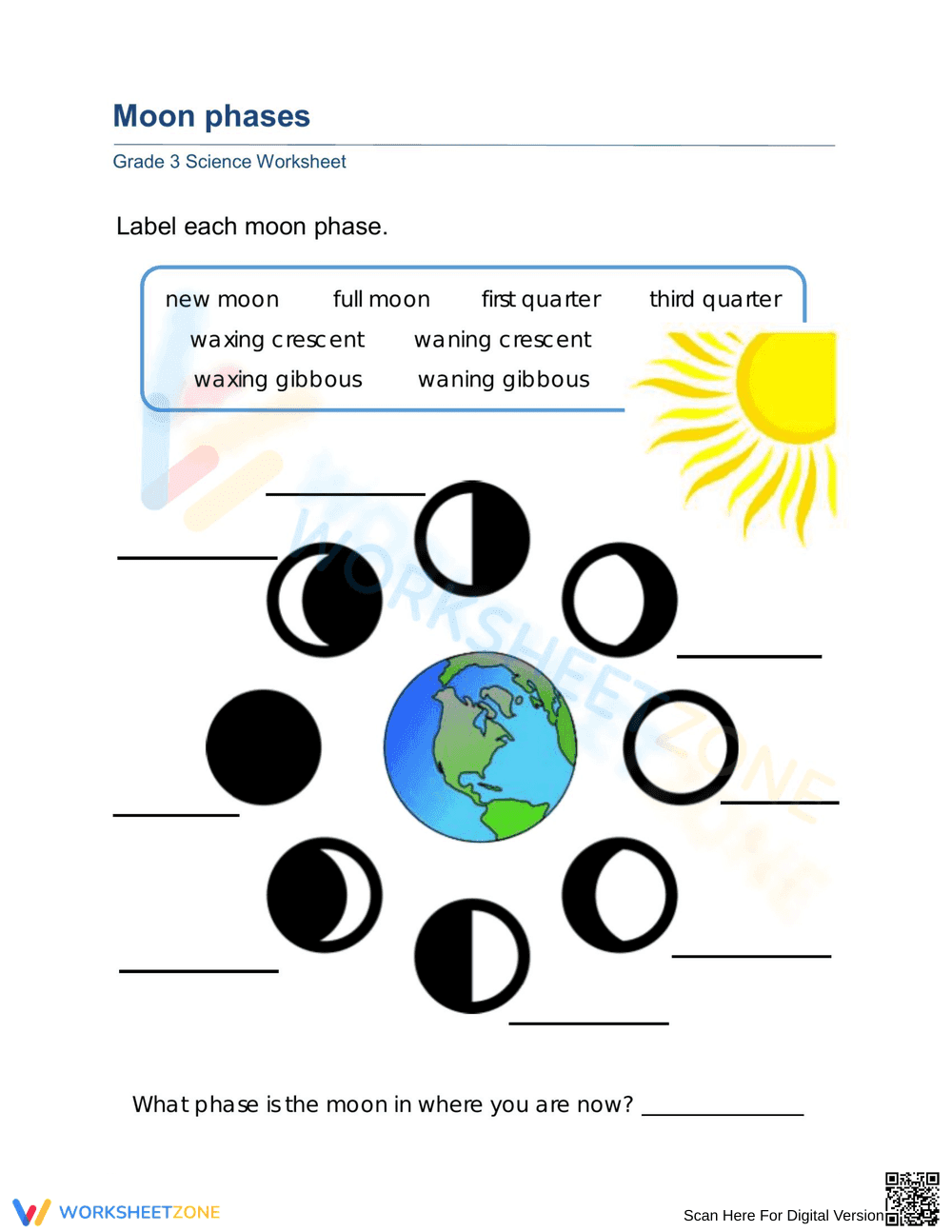 Essential Moon Phases Worksheet | Grade 3 Science - Page 1