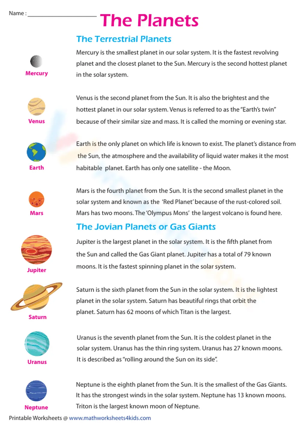 Essential Planets Facts Sheet | Grade 4-5 Science Aligned - Page 1