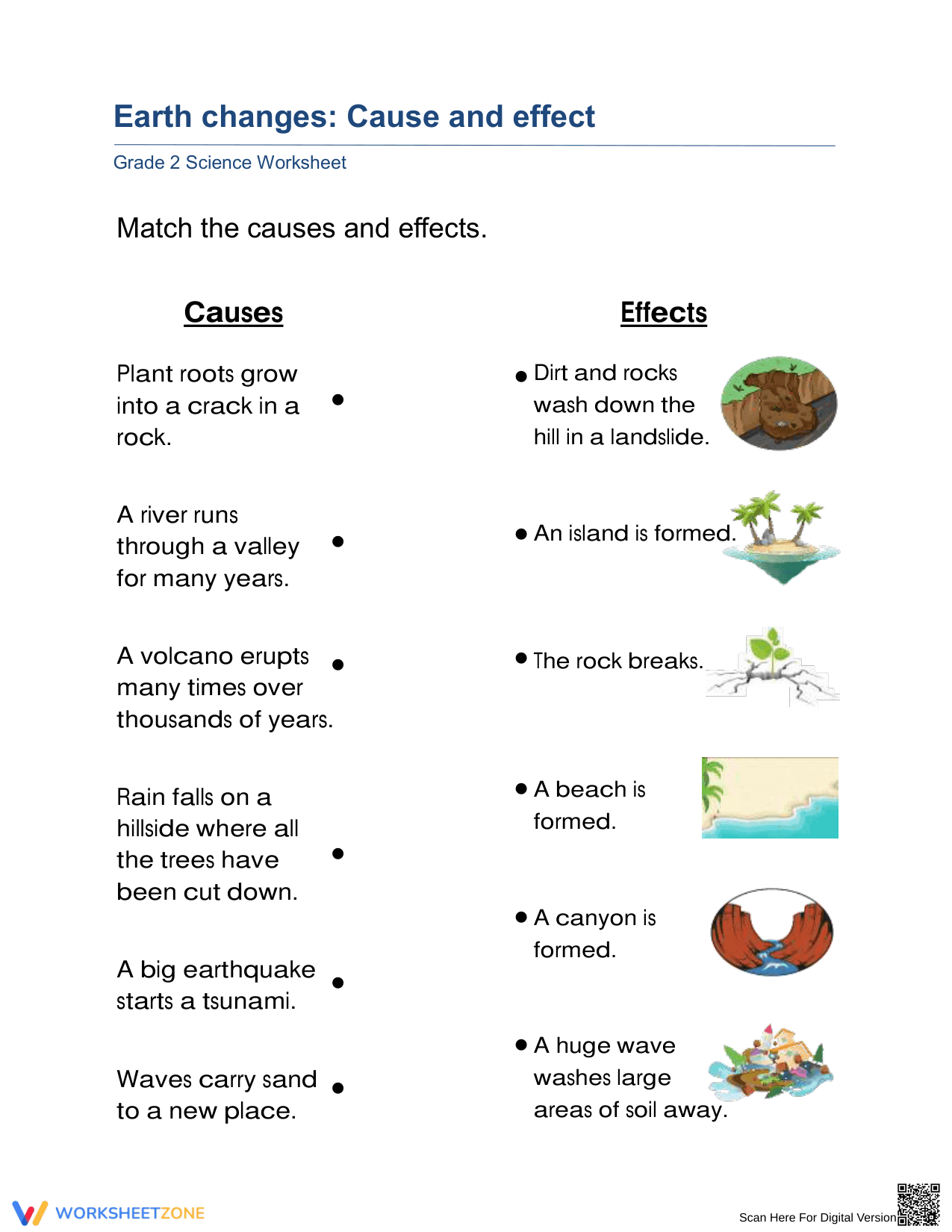 Grade 2 Earth Changes — Printable Cause and Effect Worksheet - Page 1