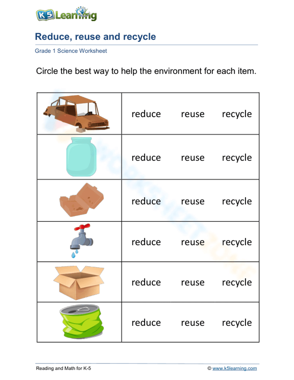 Grade 1 Reduce, Reuse, Recycle — Printable No-Prep Worksheet - Page 1