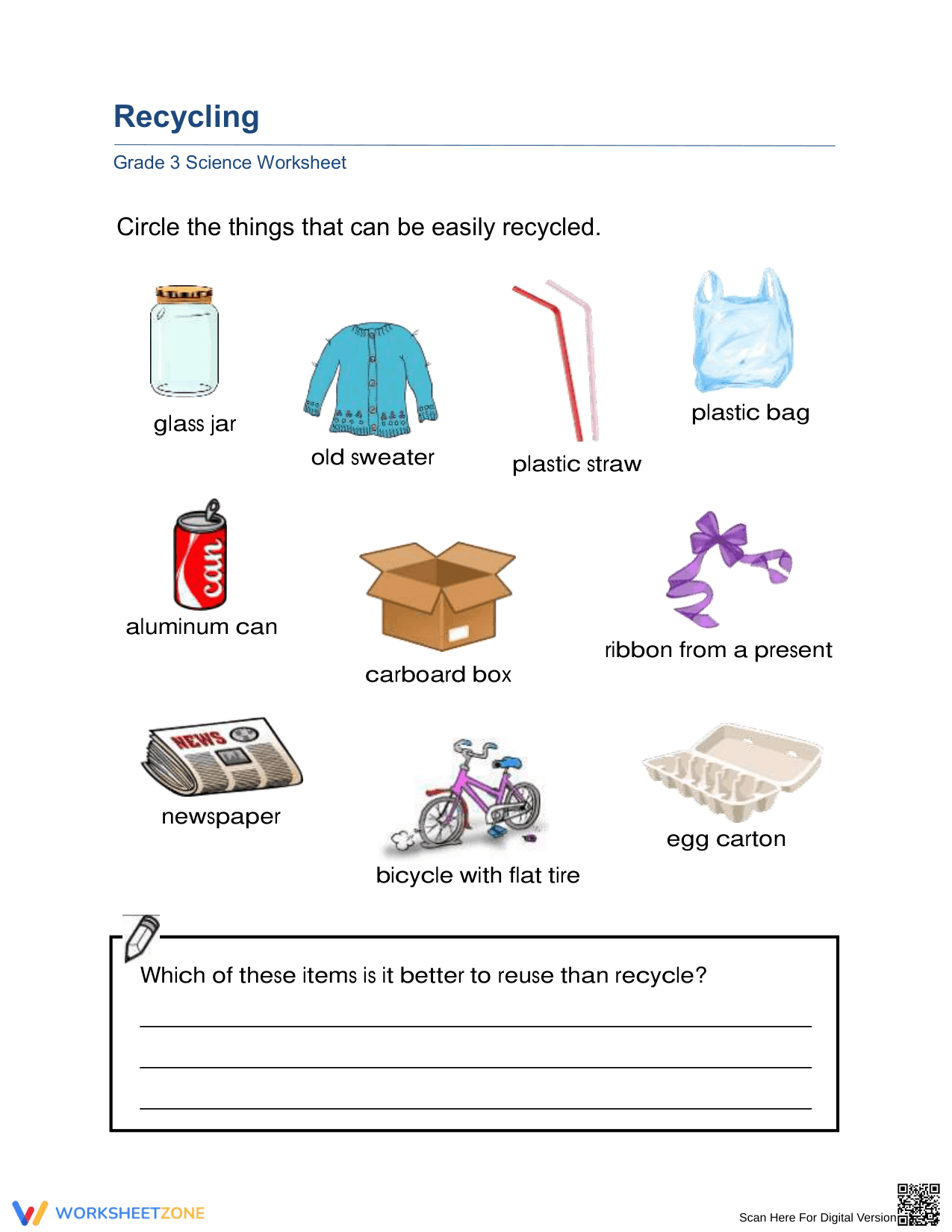 Grade 3 Recycling — Printable No-Prep Worksheet - Page 1
