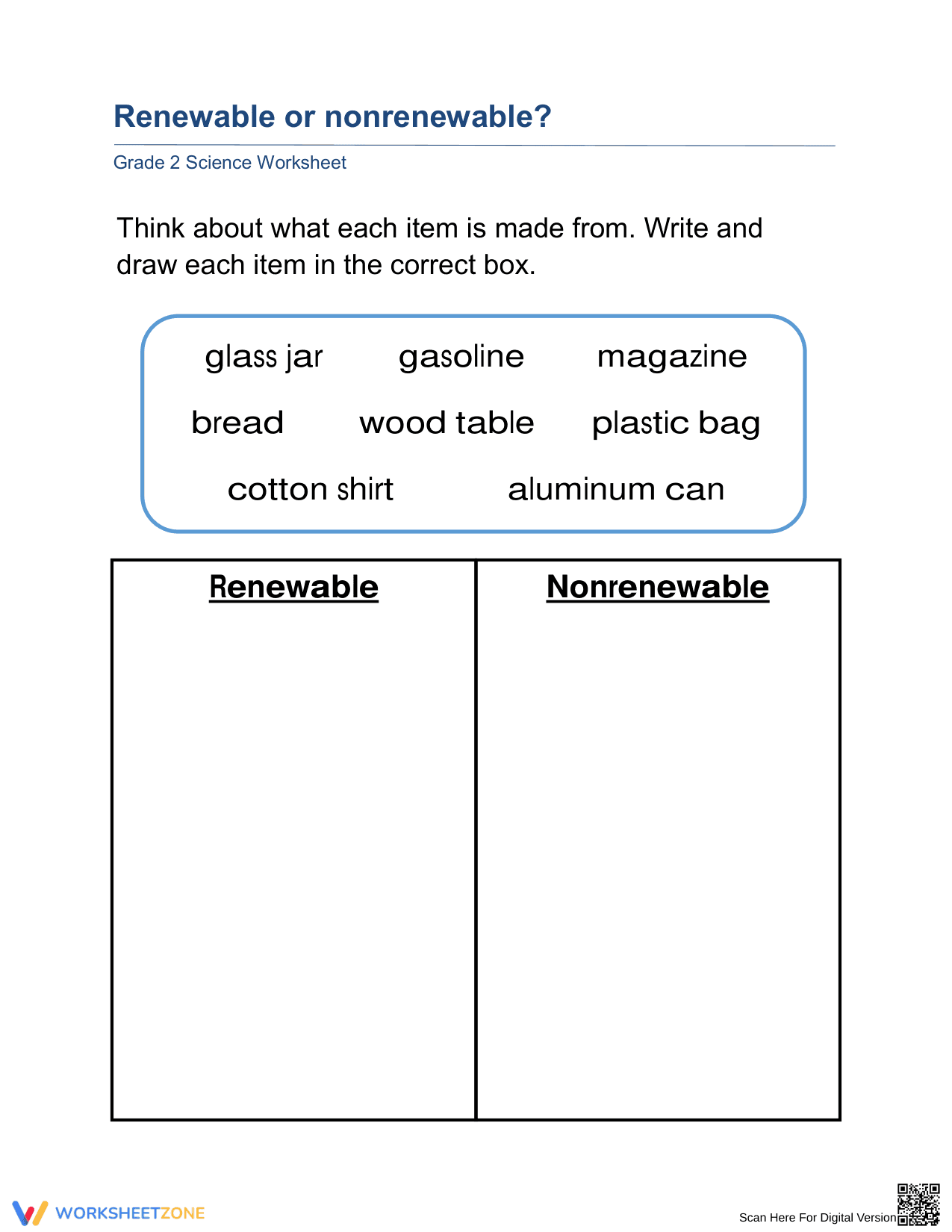 Grade 2 Renewable Resources — Printable No-Prep Worksheet - Page 1
