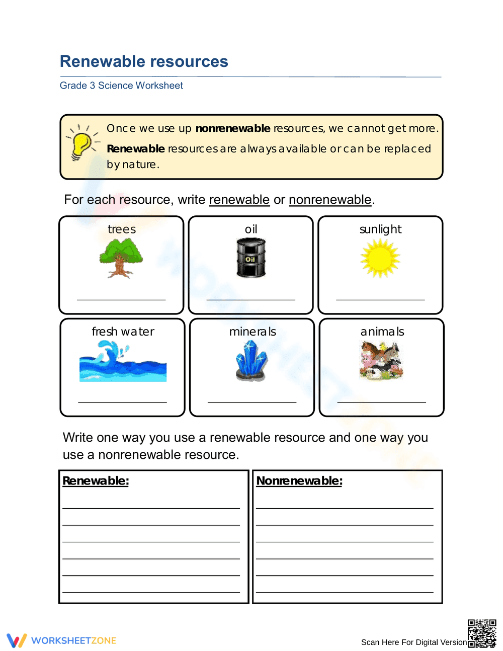 Grade 3 Renewable Resources — Printable No-Prep Worksheet - Page 1