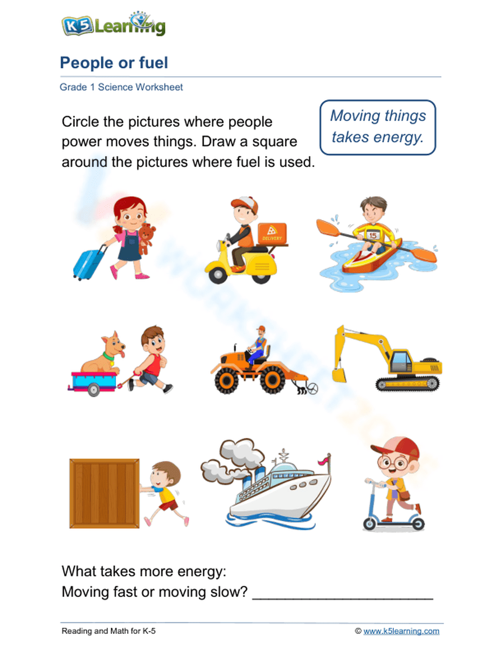 Grade 1 Energy Source — Printable No-Prep Worksheet - Page 1