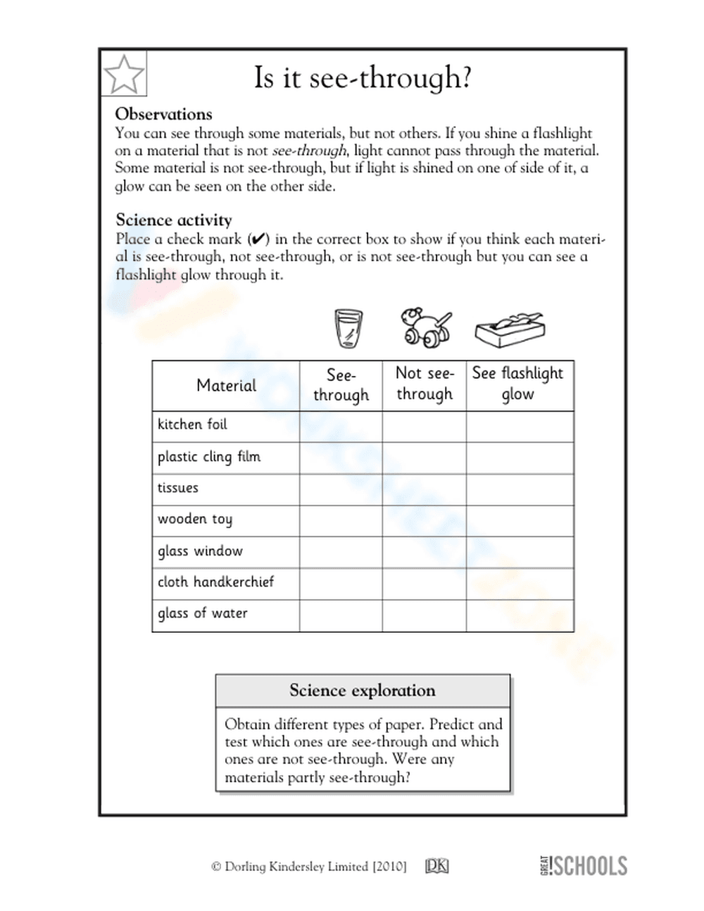 Printable Light & Materials Worksheet | Grade 1 Science - Page 1