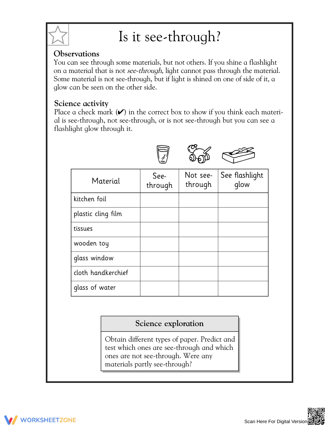 Printable Light & Materials Worksheet | Grade 1 Science - Page 1