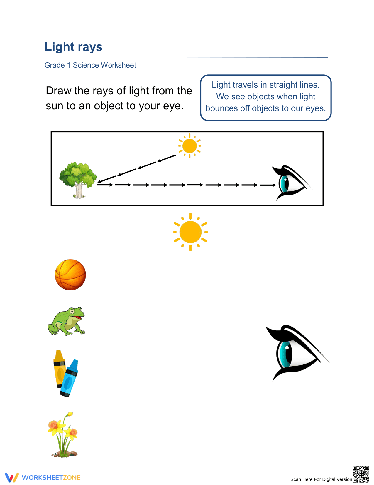 Printable Path of Light Worksheet | Grade 1 Science - Page 1