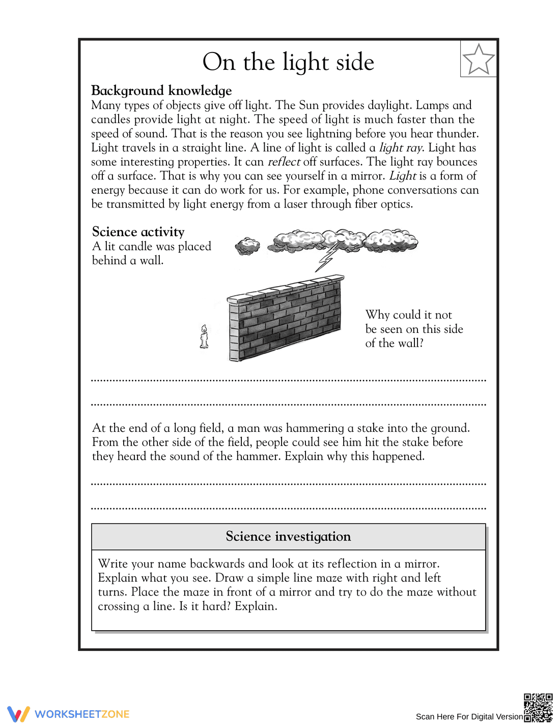Essential Grade 5 Properties of Light Printable Worksheet - Page 1