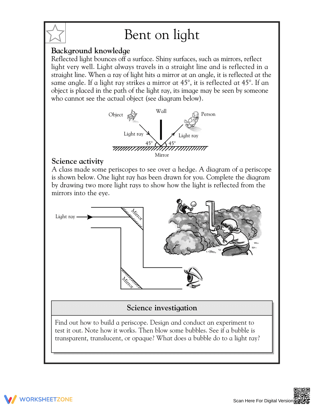 Grade 5 Light Reflection — Printable No-Prep Worksheet - Page 1