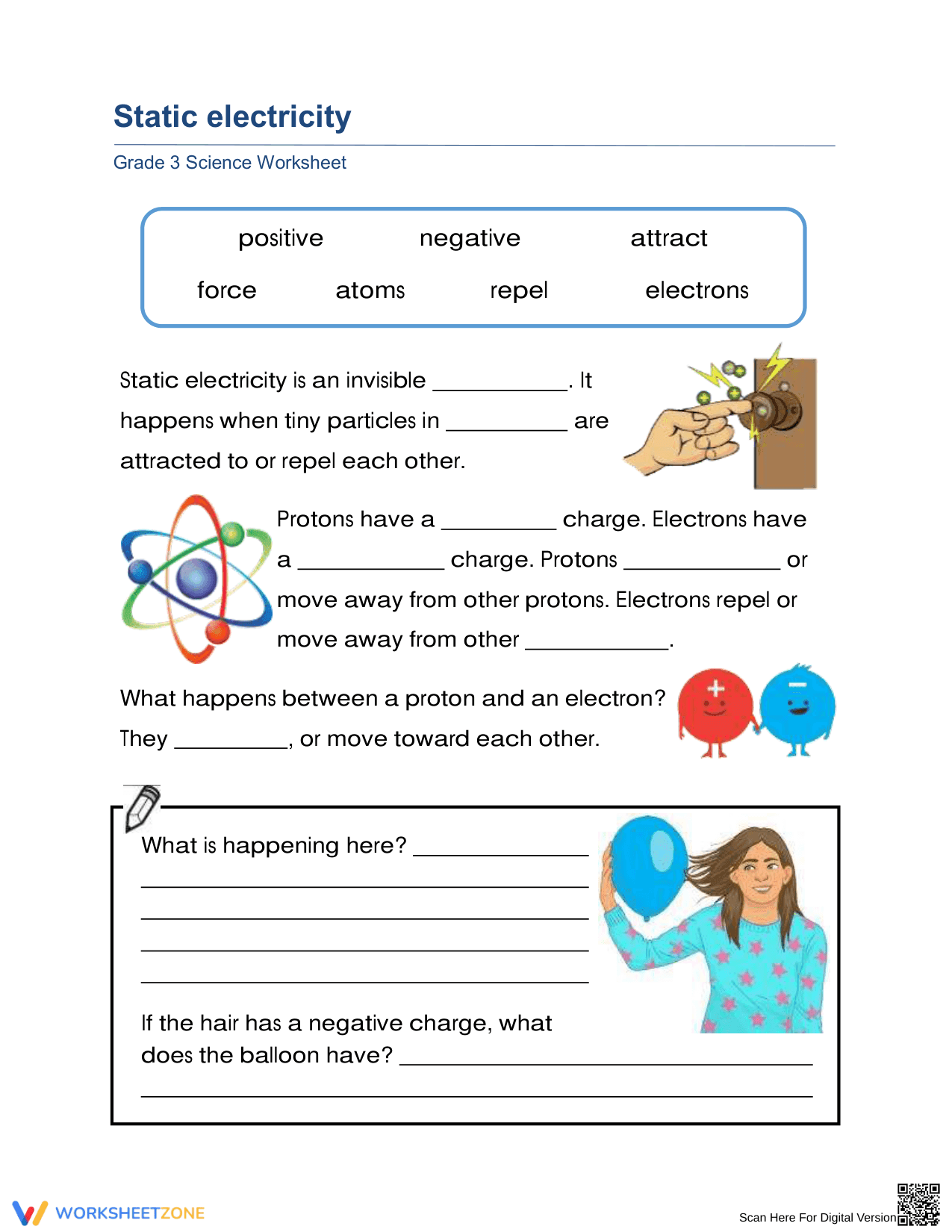 Static Electricity Worksheet | Grade 3 Science - Page 1