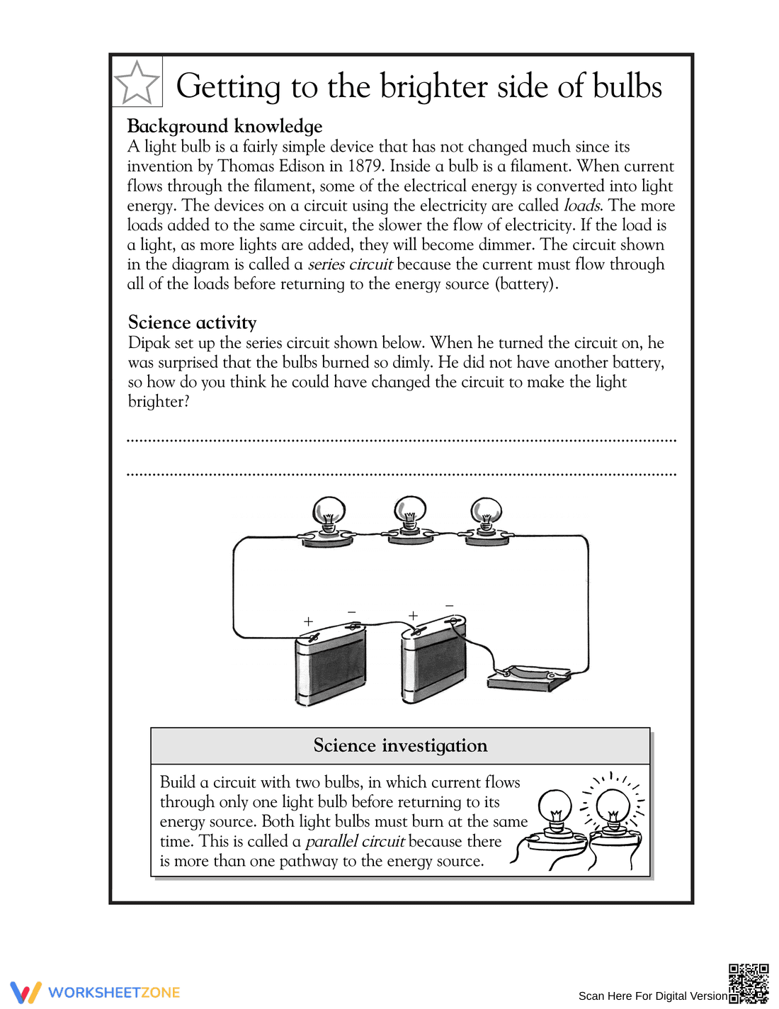 Grade 5 Series Circuits — Printable No-Prep Worksheet - Page 1