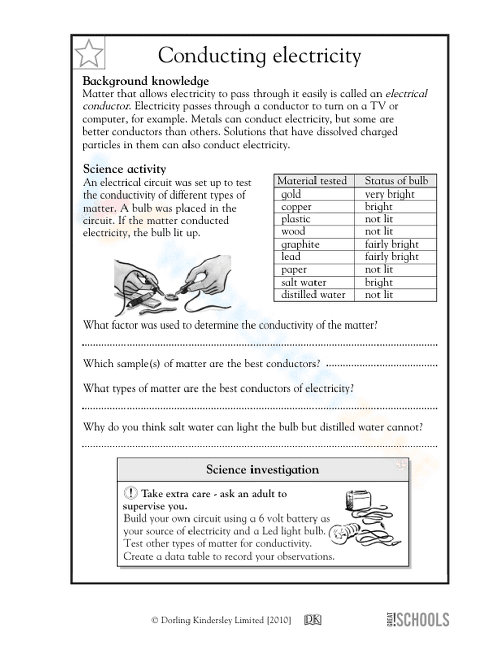 Printable Conducting Electricity Worksheet | Grade 5 Science - Page 1