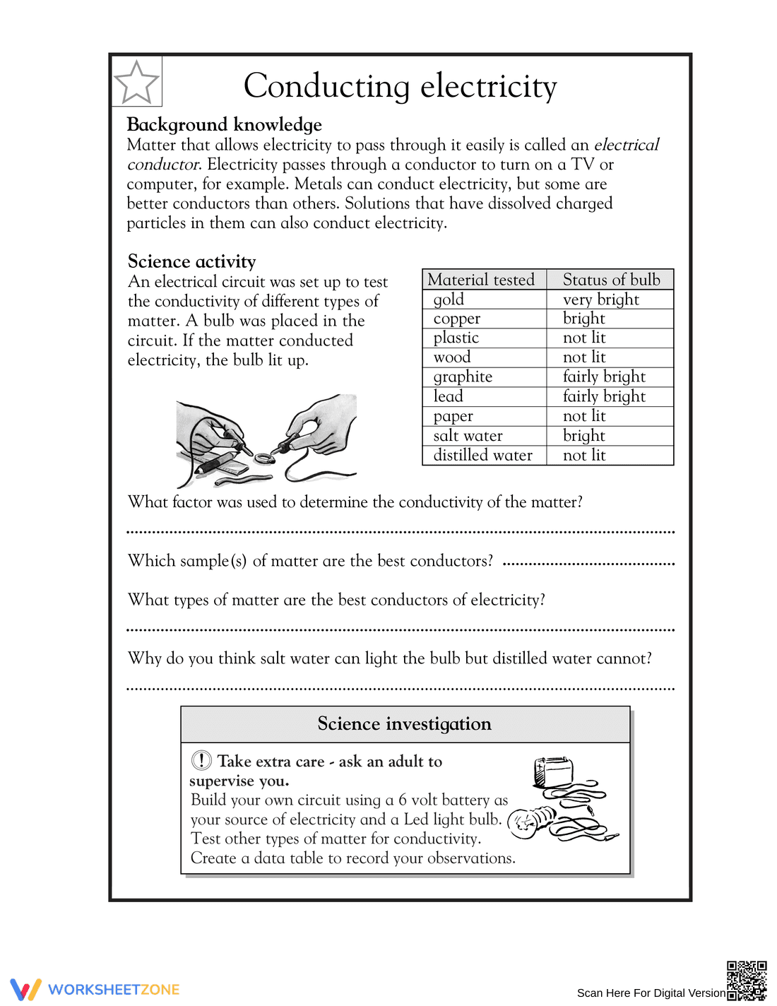 Printable Conducting Electricity Worksheet | Grade 5 Science - Page 1