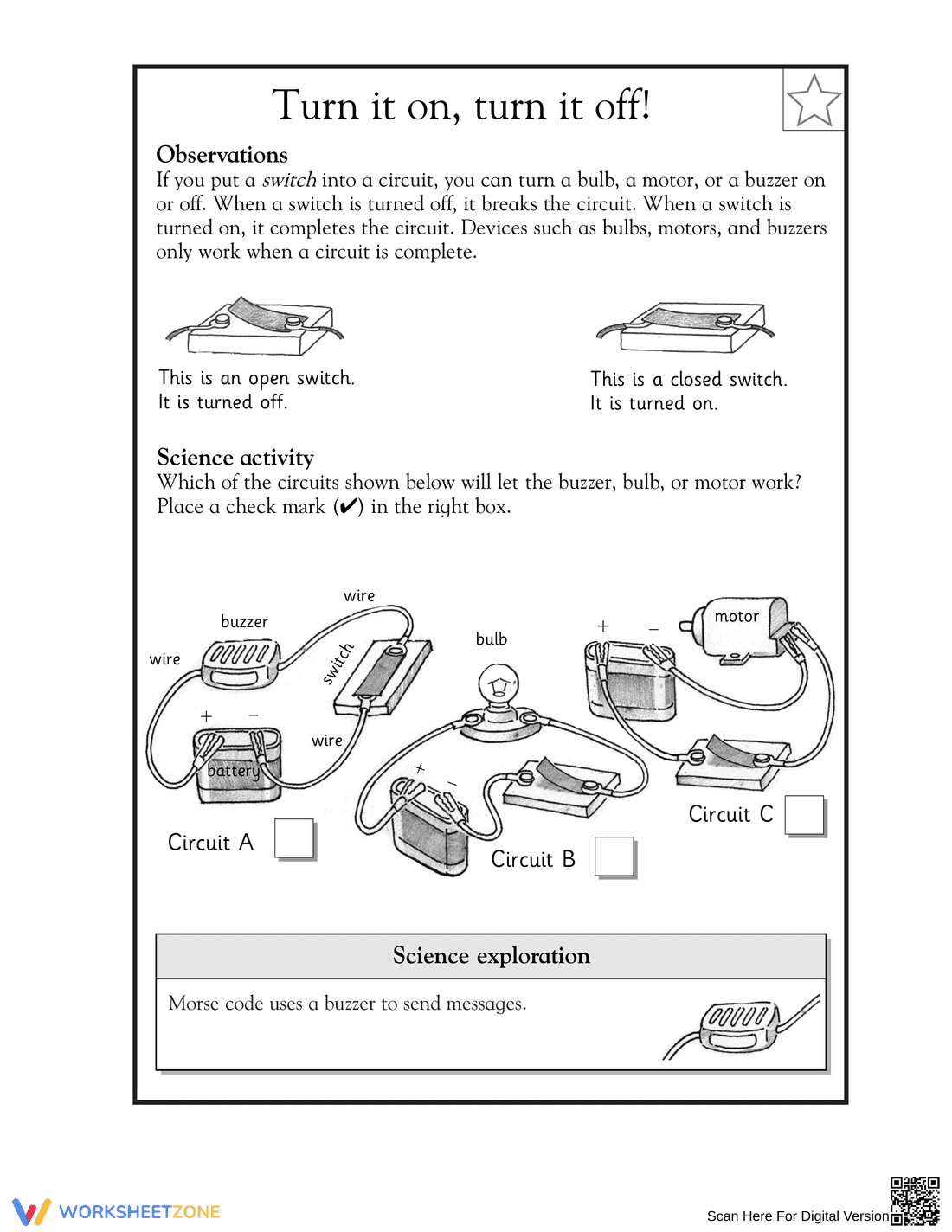 Grade 1 Circuits — Printable No-Prep Science Worksheet - Page 1