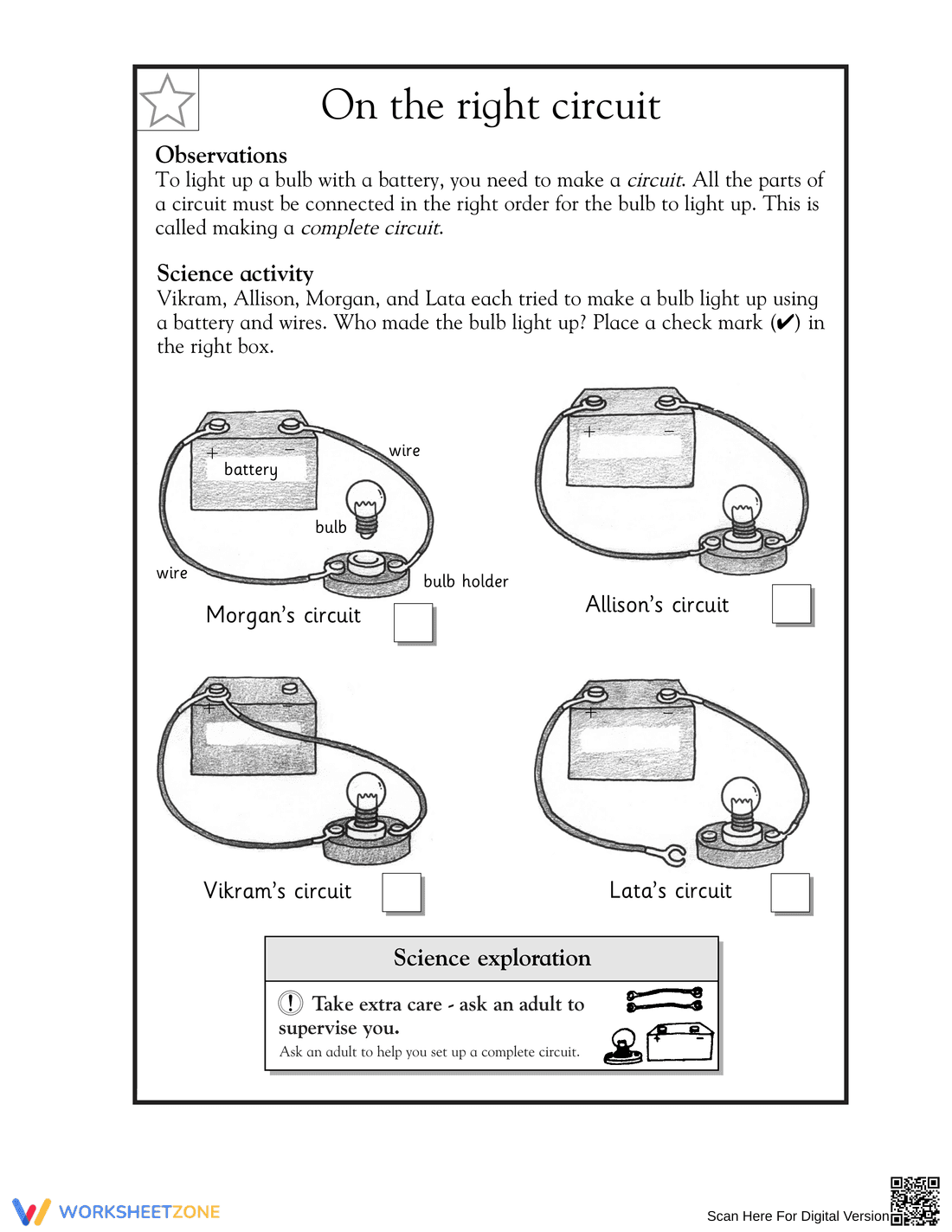 Essential Grade 1 Science: Complete Circuits Worksheet - Page 1