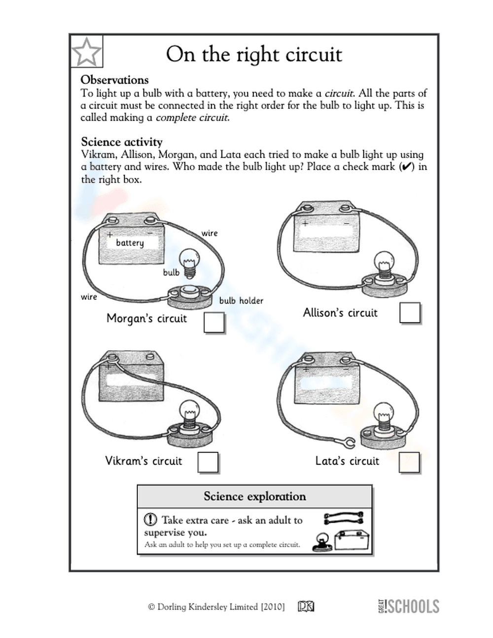 Essential Grade 1 Science: Complete Circuits Worksheet - Page 1