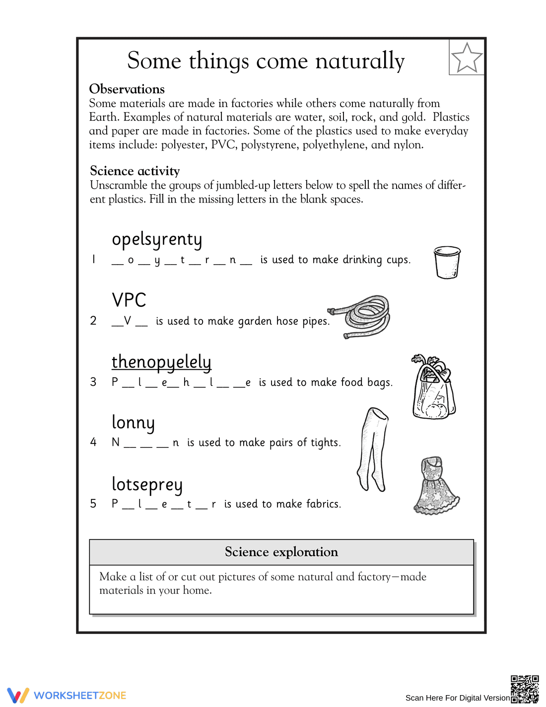 Synthetics Scramble: Essential Grade 1 Science Worksheet - Page 1