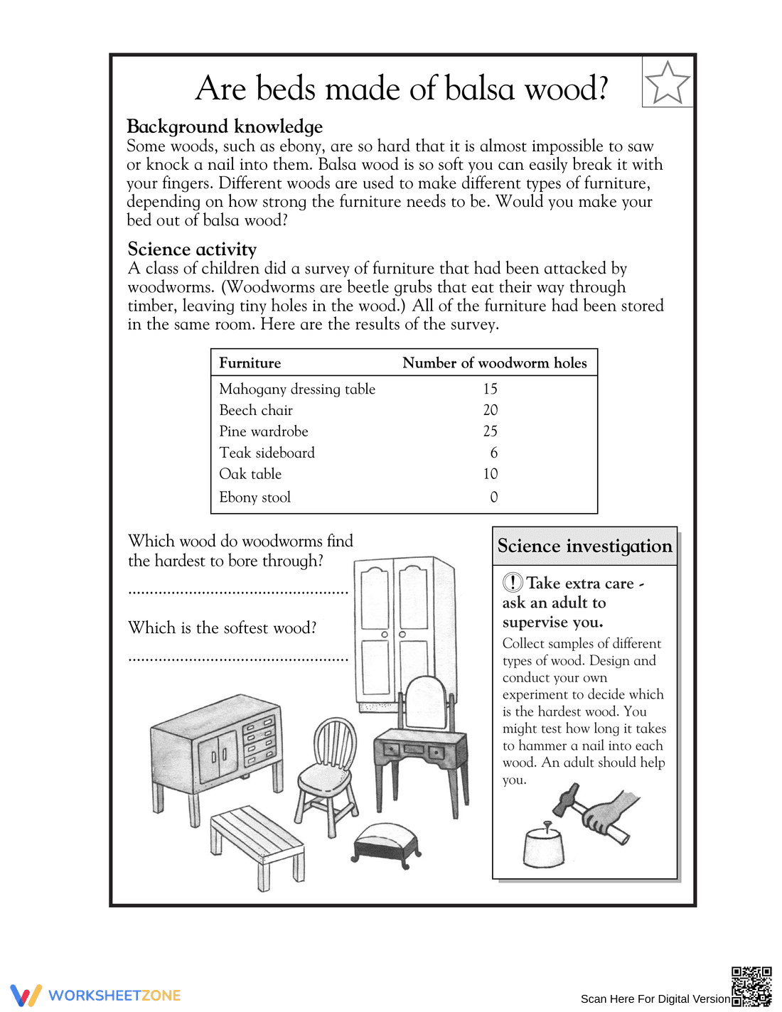 Printable Wood Properties Science Worksheet | Grade 3-4 - Page 1