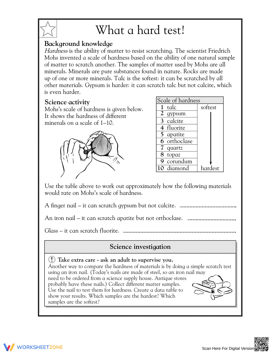 Essential Mohs Scale Hardness Worksheet | Grade 5 Science - Page 1