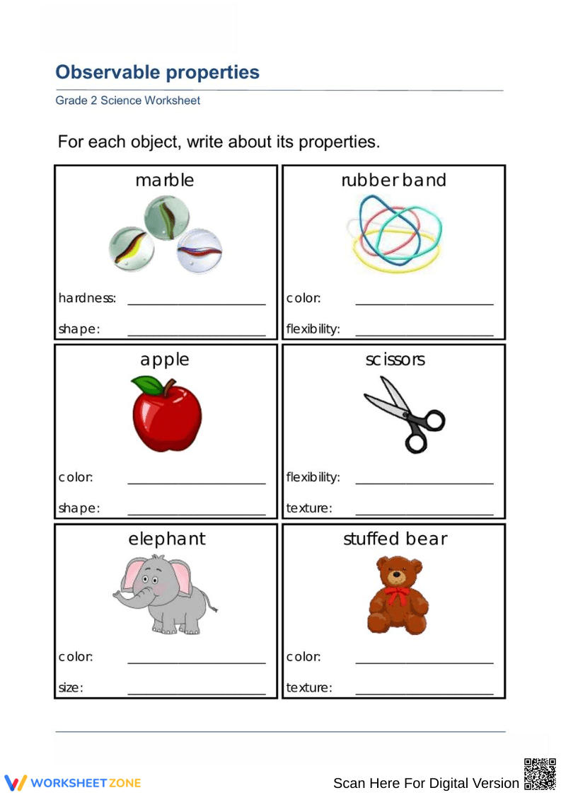 Printable Grade 2 Science: Observable Properties Worksheet - Page 1