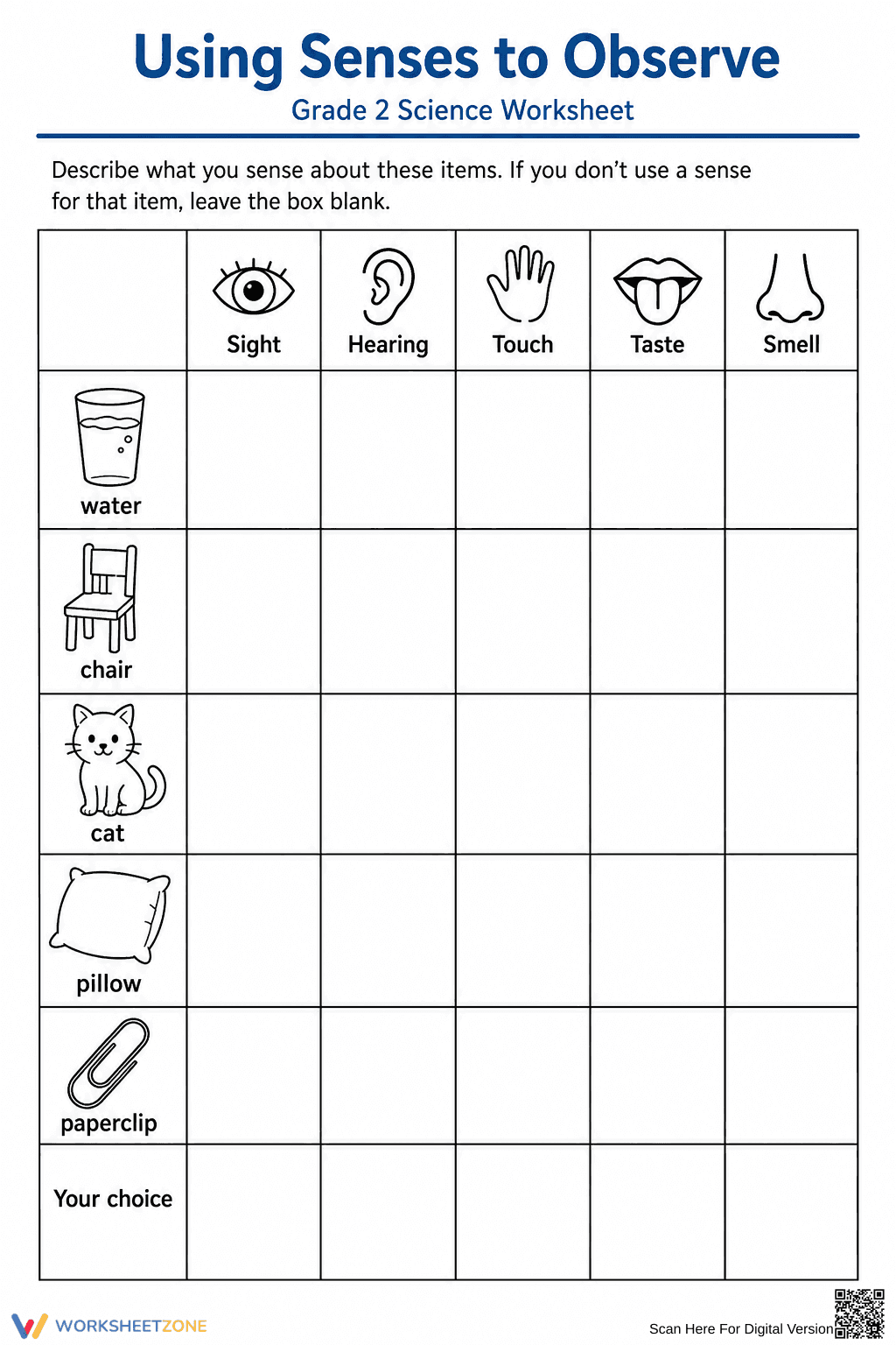 Grade 2 Five Senses — Printable No-Prep Worksheet - Page 1