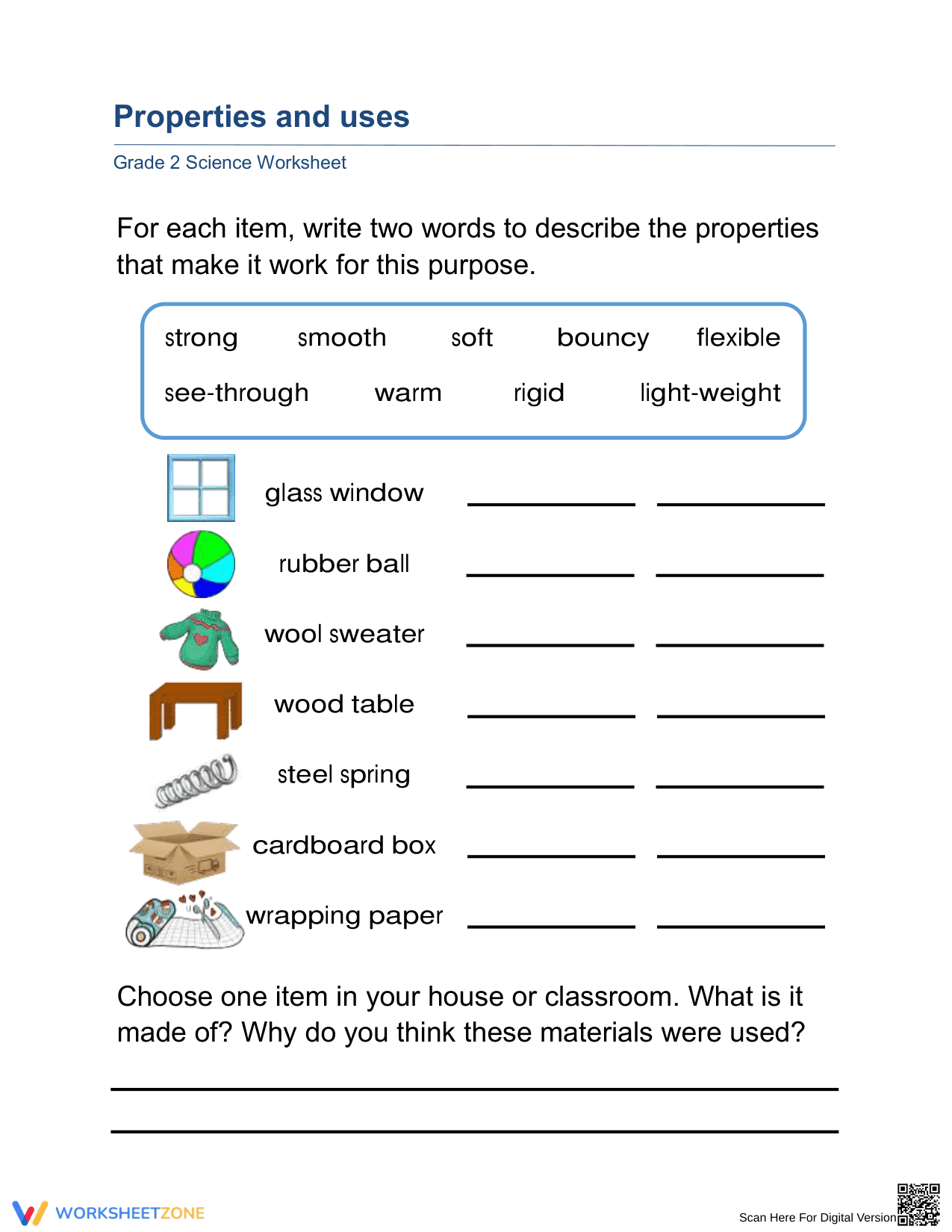Essential Grade 2 Properties and Uses Science Worksheet - Page 1