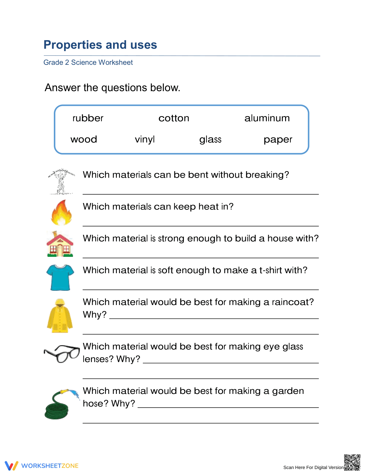 Essential Grade 2 Properties and Uses Science Worksheet - Page 1