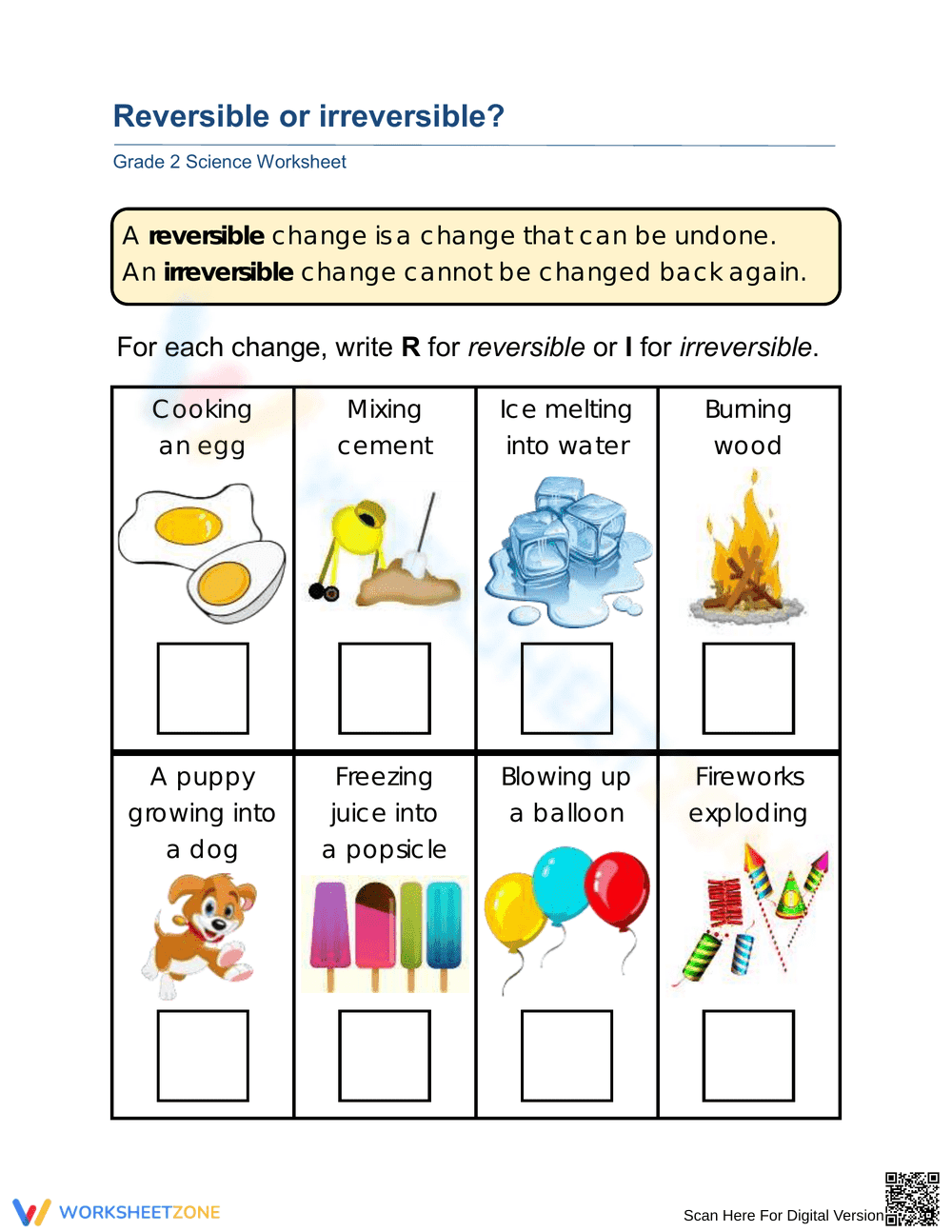 Essential Reversible or Irreversible Worksheet | Grade 2 - Page 1