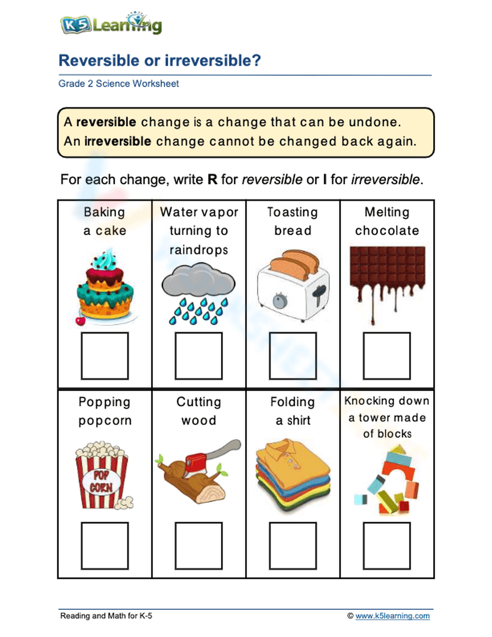 Grade 2 Reversible Changes — Printable No-Prep Worksheet - Page 1