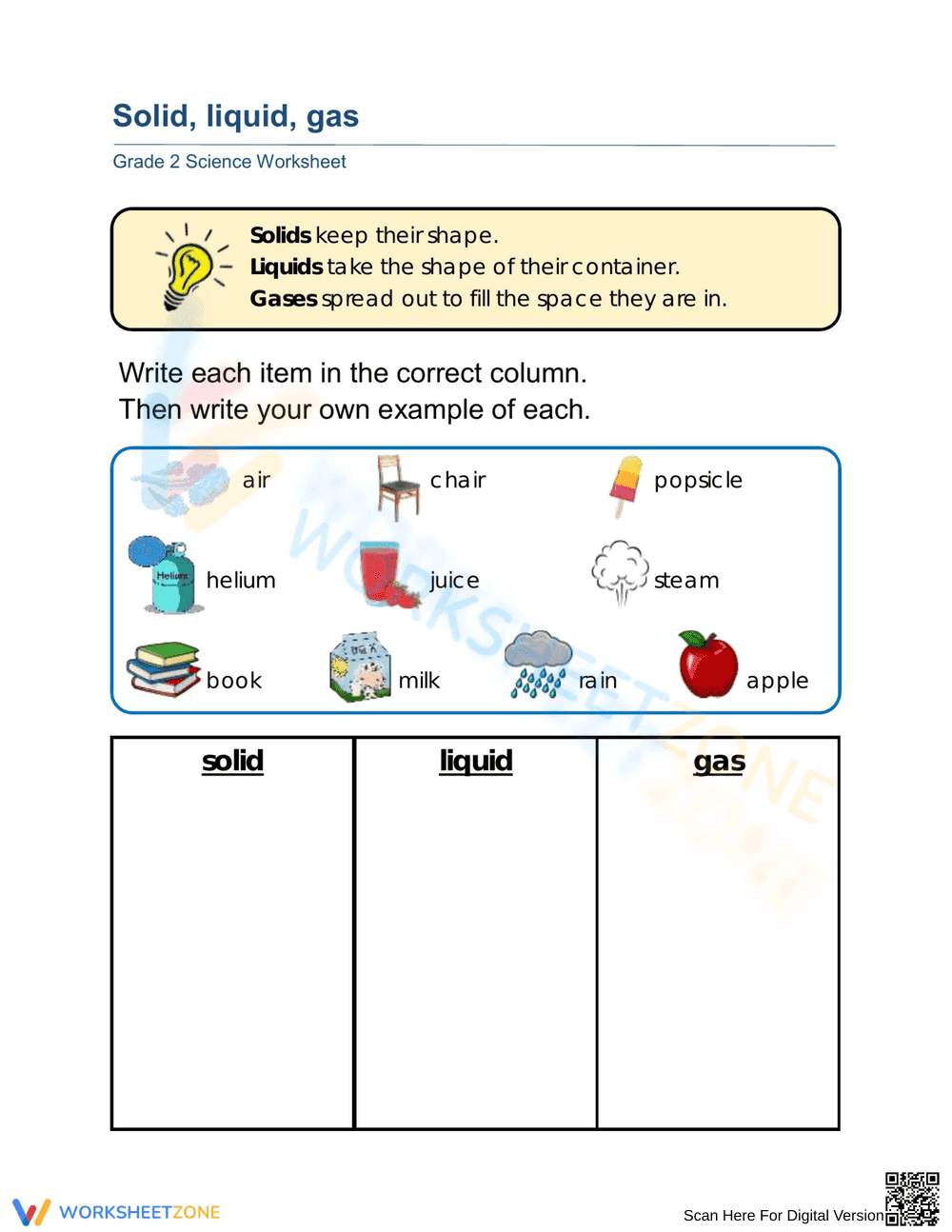Essential Solid Liquid and Gas Worksheet | Grade 2 Science - Page 1