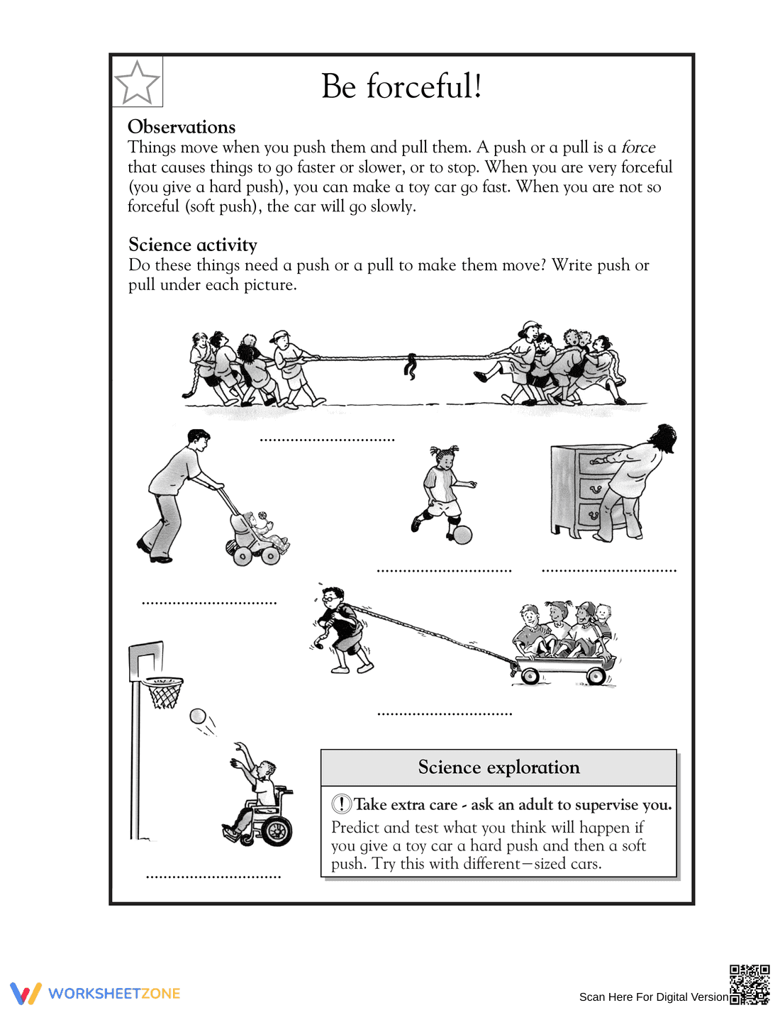 Be Forceful! Push and Pull Science Worksheet - Page 1