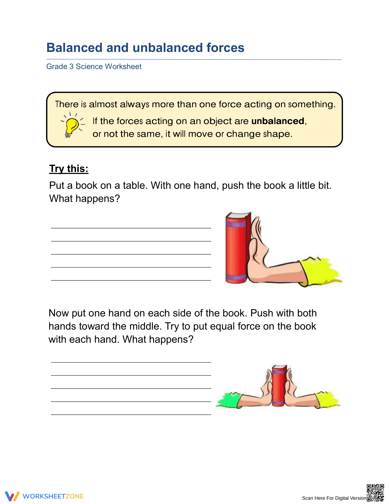 Essential Balanced and Unbalanced Forces Worksheet | Grade 3 - Page 1