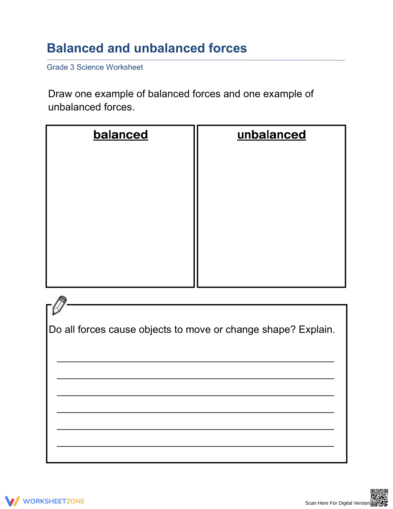 Essential Balanced and Unbalanced Forces Worksheet | Grade 3 - Page 1