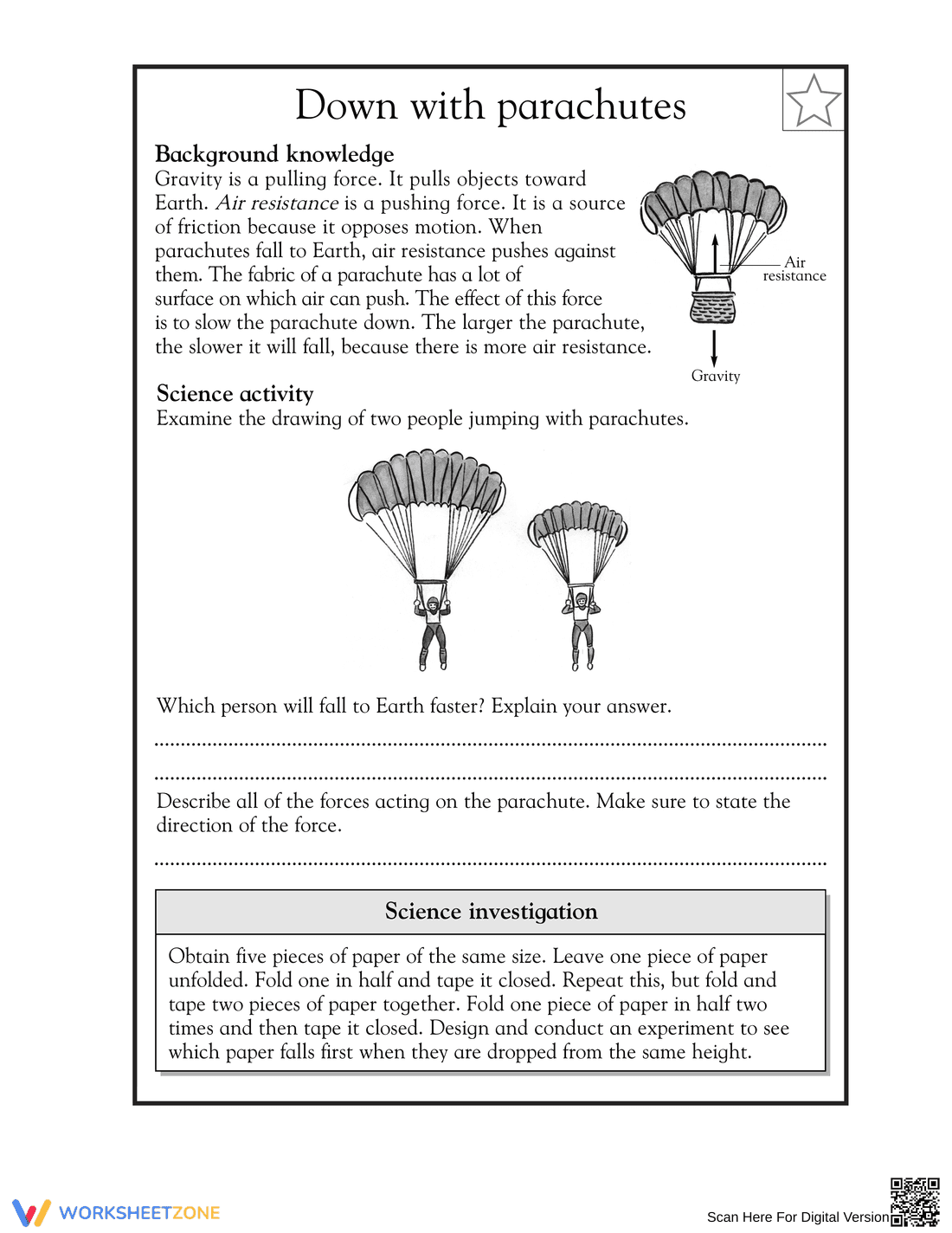 Grade 5 Gravity & Air Resistance: Essential Worksheet - Page 1