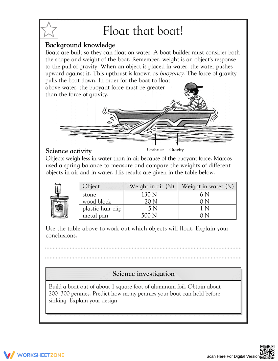 Grade 5 Buoyancy and Forces Science Worksheet | Essential - Page 1