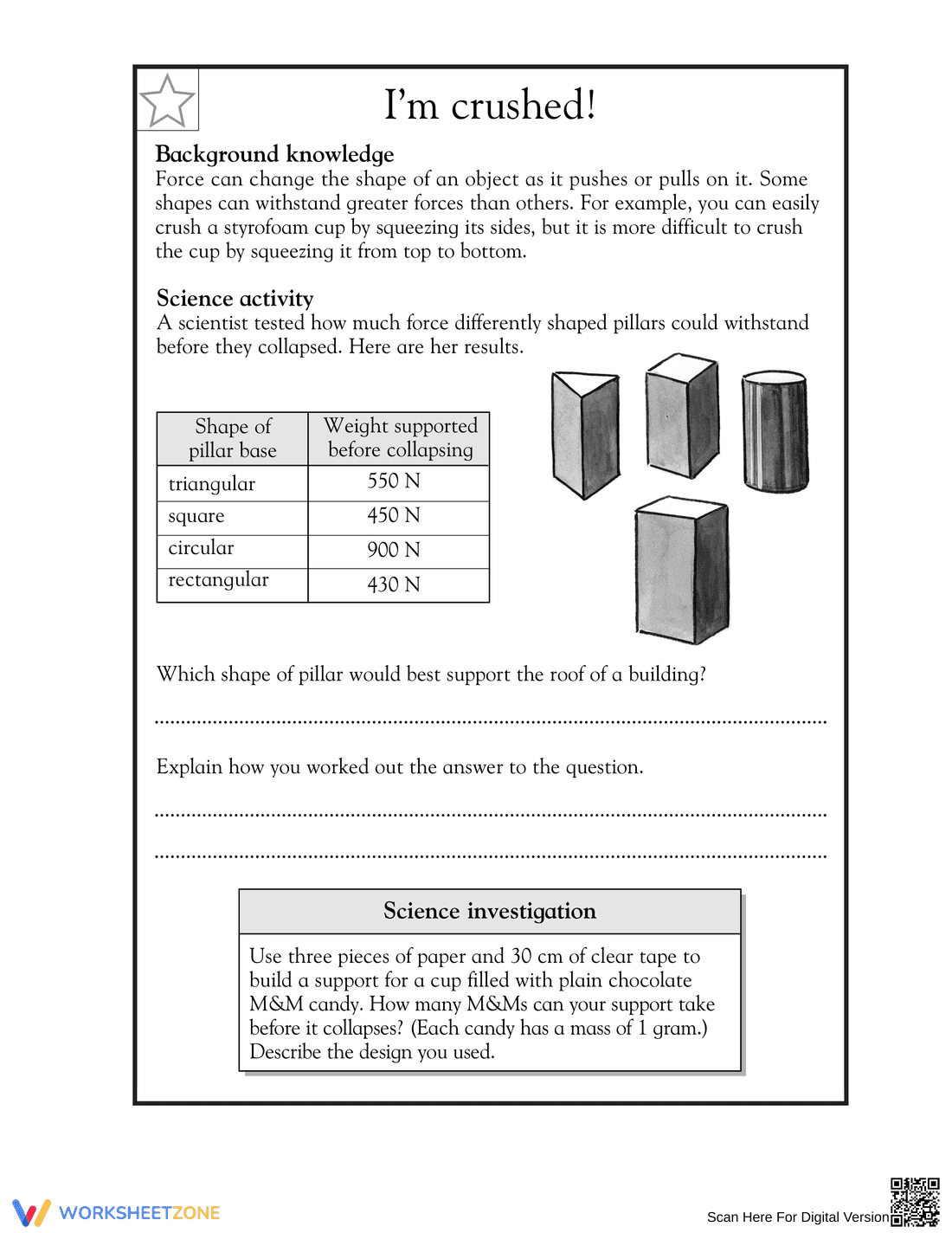 Essential Grade 5 Force and Pillars Science Worksheet - Page 1